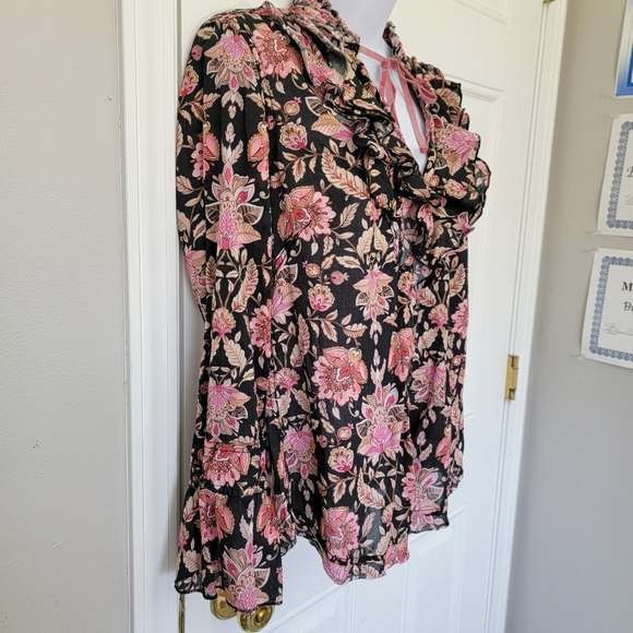 Cuno 100% Cotton Women's Button Up Blouse Black Pink Floral Flutter Sleeve M - Picture 4 of 10